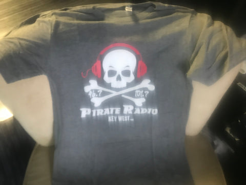 Grey Short Sleeve T-shirt with White Logo and Red Headphones